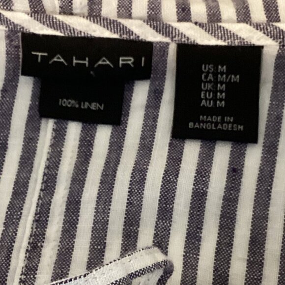 Tahari 100% Linen Button Up Hooded Overshirt Top Sz M Blue & White 290E - Picture 6 of 7